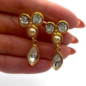 Vintage Napier Rhinestone and Faux Pearl Screw Back Dangle Earrings